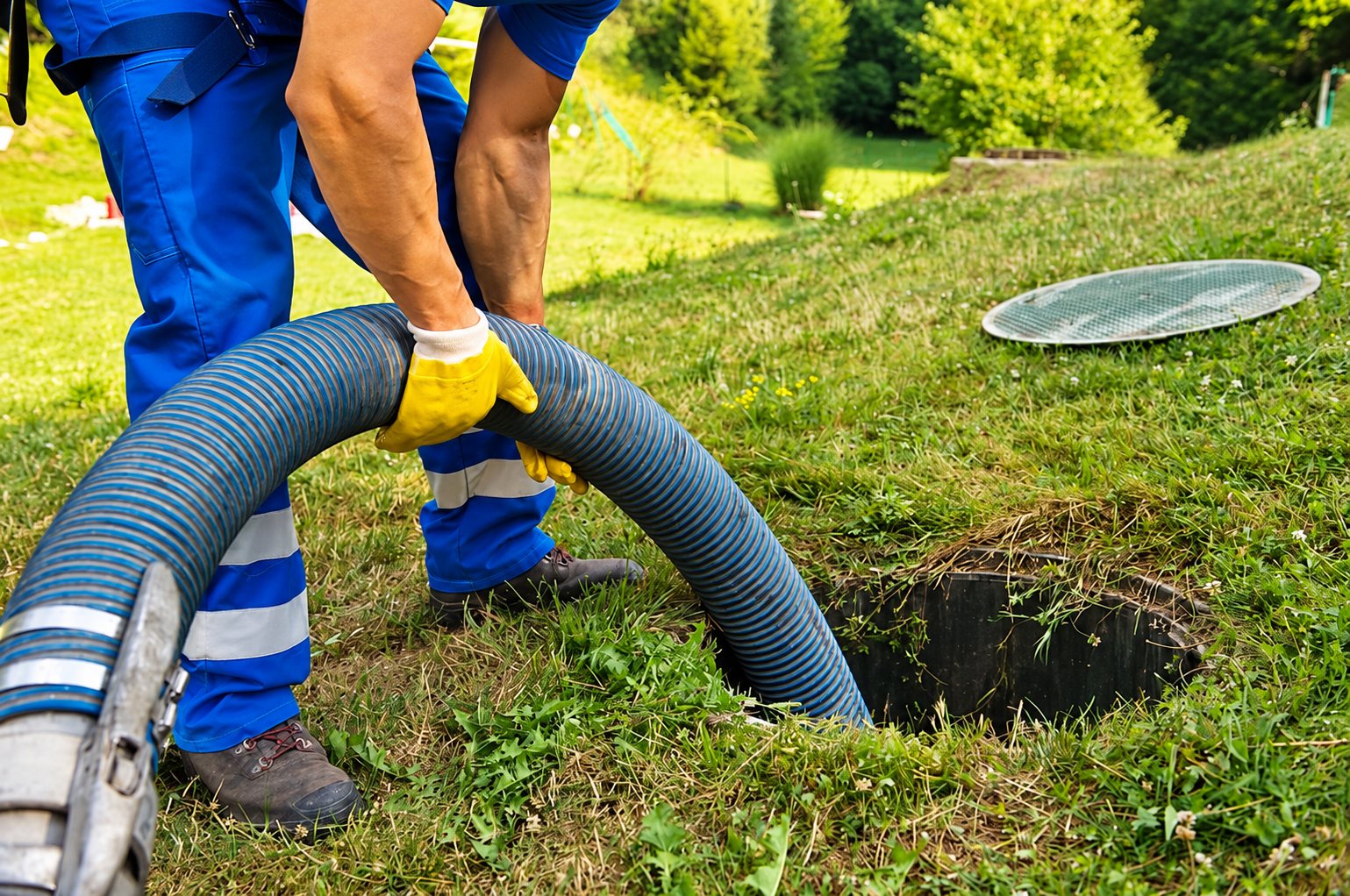 Un ouvrier en combinaison bleue et gants jaunes manipule un gros tuyau d'aspiration bleu au-dessus d'une fosse septique ouverte dans un jardin en pente.